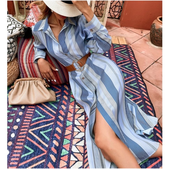 Dresses & Skirts - Boho Blue Striped Button up Belted Shirt Dress